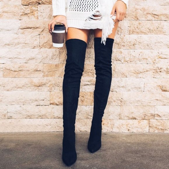 HOT🔥 Black Stretchy Over The Knee High Boots Stiletto Heel Pointed Toe Pull-On - Picture 3 of 7